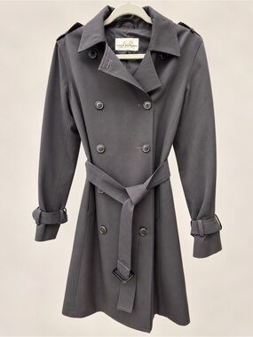 Linda Richards 100% Wool Charcoal Double Breasted Belted Trench Coat S